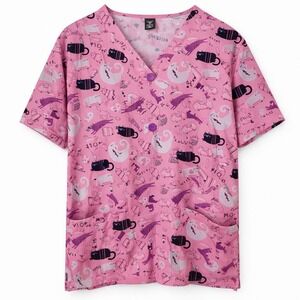 NiaaHinn Pink Cat Kitty Meow Scrub Top Womens XL V-Neck Medical Uniform Kids